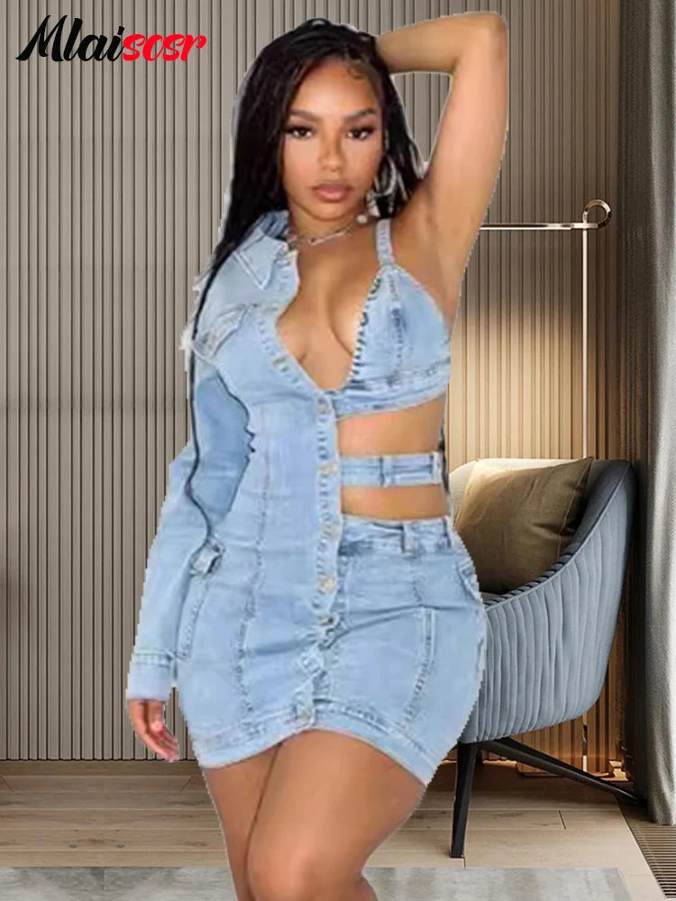 Mlaiscsr Blue Stretch Denim Backless One Shoulder Long Sleeve Mini Dress Women Sexy Night Club Cowboy Jean Birthday Party Outfit