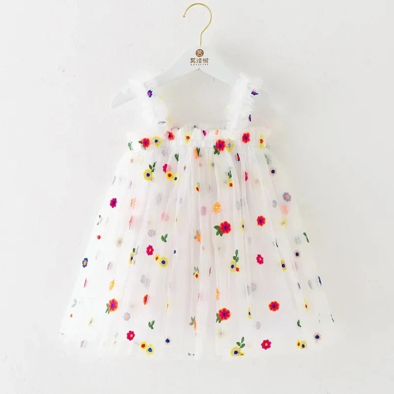 Summer New Flower Embroidered Casual Dress Baby Sweet Daisy Mesh Puffy Slip Dress Toddler Kid Fashion Princess Dress 12M-8T