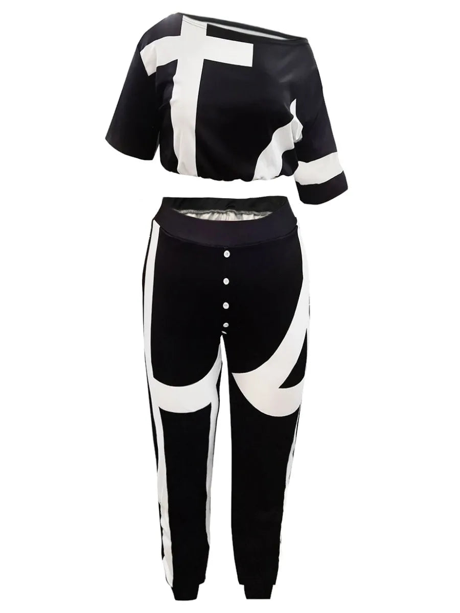 Plus Size 2 Piece Sets Women Tracksuit short sleeve Crop Top + Striped Pants Set Spring summer Casual women matching suit