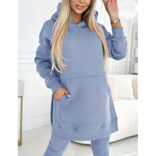 Autumn Winter New Casual Hoodie Women's Solid Color Suit Simple Fashion Pocket Thick Thread Casual Leggings Female 2 Piece Set