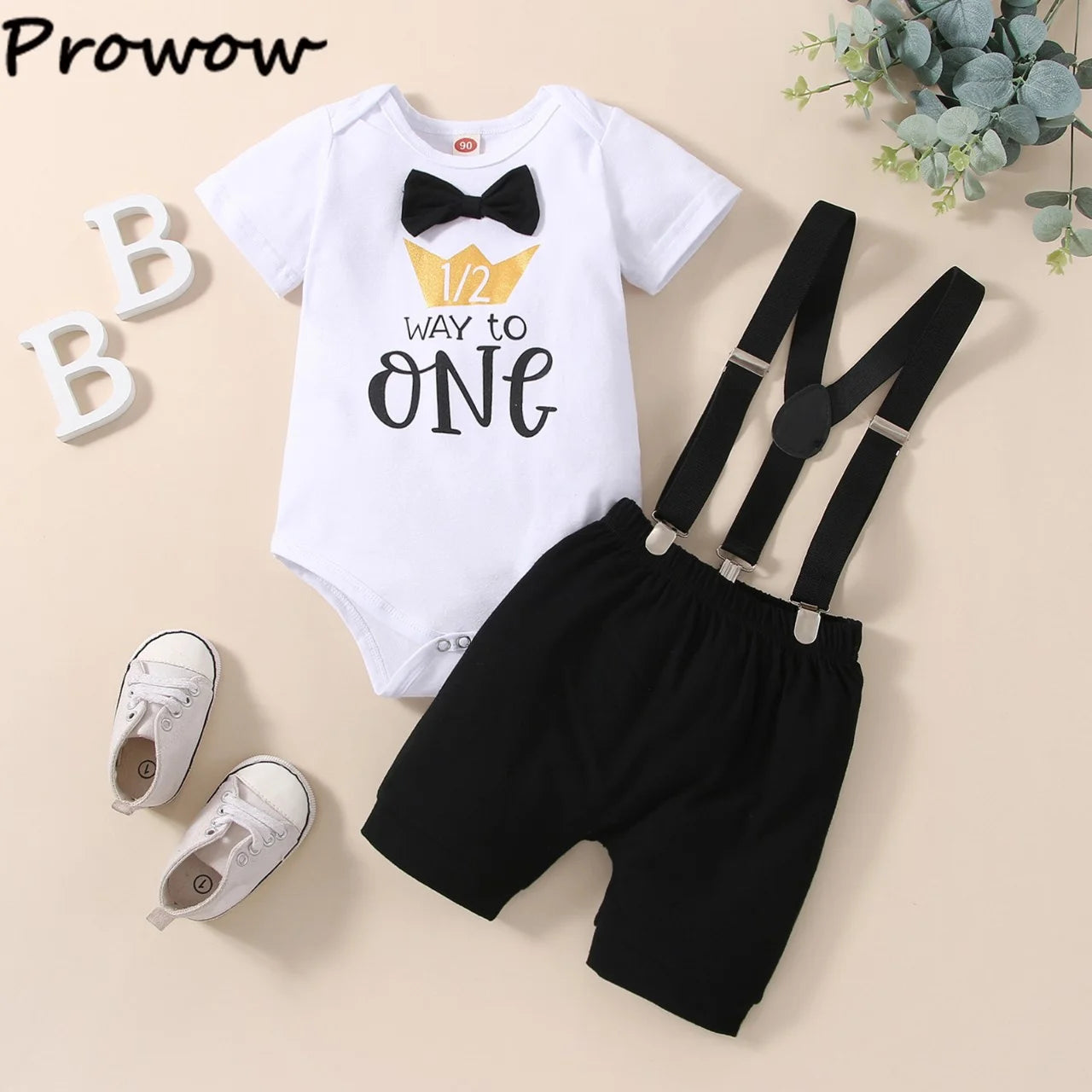 Prowow Half Birthday Clothes Baby Boys Set  Letter Romper+Red Overalls Pants 6 Months Birthday Cake Smash Outfits For Boy