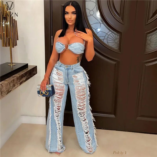 VAZN 2022 Autumn Denim Set Solid Young Sexy Club Bikini Top High-end + Long Hollow Out Wide Leg Pants Slim Women 2 Piece Set 