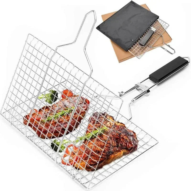 Portable Grill Basket Folding Stainless Steel BBQ Grill Basket with Handle for Fish Vegetables Shrimp Cooking Cookware Tools New