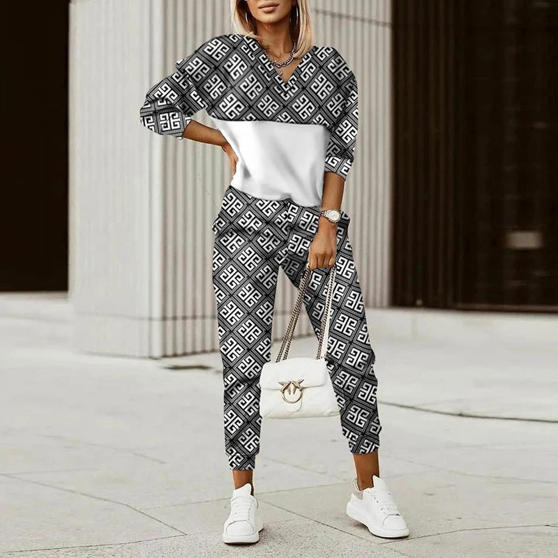 Spring Casual Sport Outfits Two Piece Set For Women Tracksuit 2022 Autumn Fashion Chain Print Long Sleeve Top + Pencil Pants Set