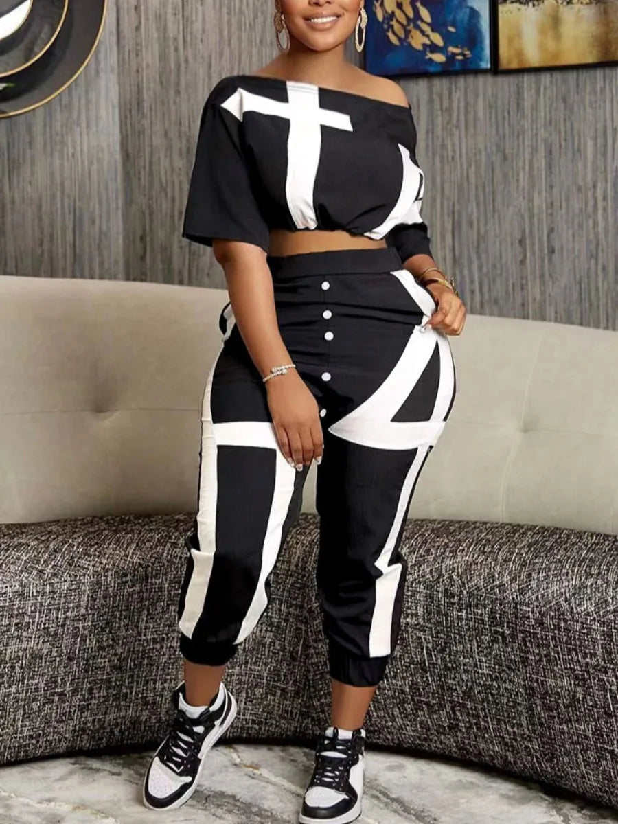 Plus Size 2 Piece Sets Women Tracksuit short sleeve Crop Top + Striped Pants Set Spring summer Casual women matching suit