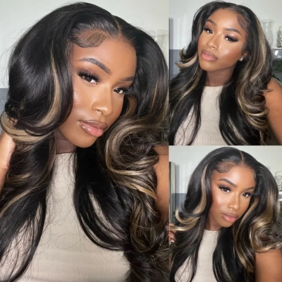 UNice Hair Bye Bye Knots Wig 7x5 Blonde Highlight Balayage Black Body Wave Pre Bleached Invisible Knots Glueless Wig Human Hair