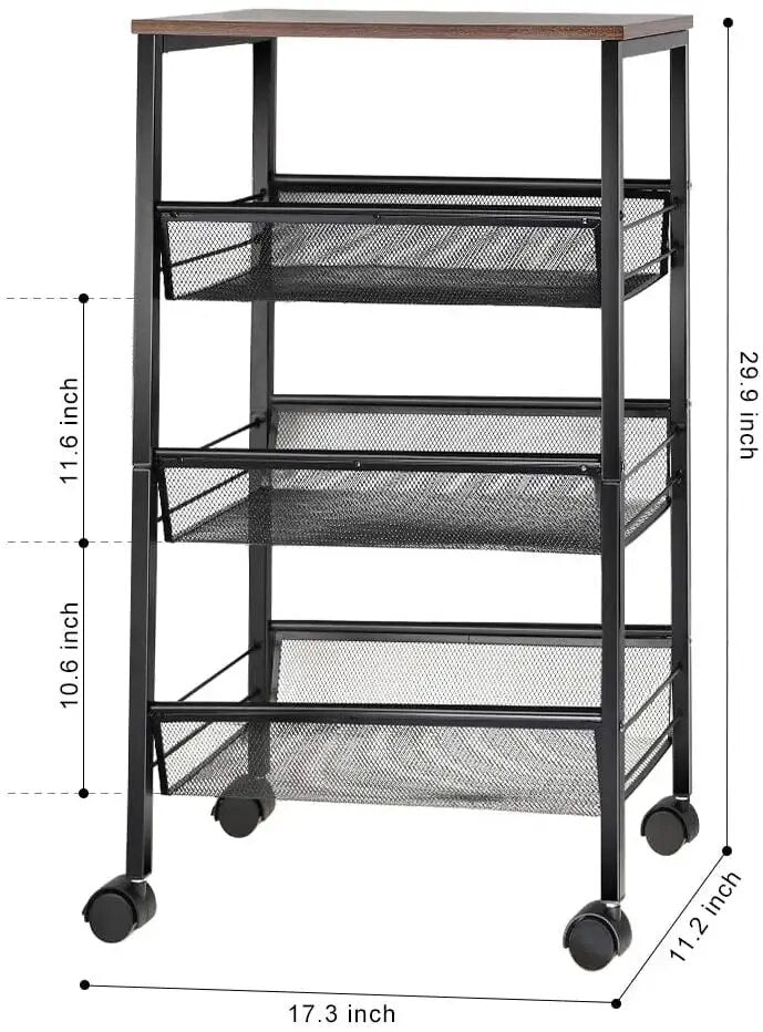 Rustic 3-Tier Metal Wire Storage Kitchen Cart on Wheels, Black by Haitral