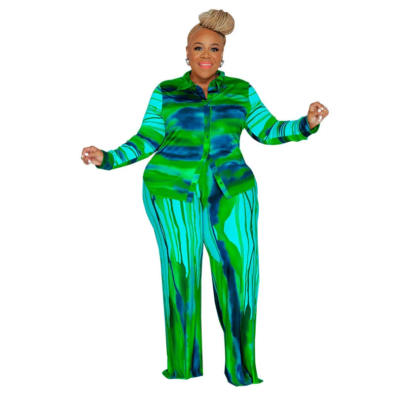 XL-5XL Plus Size Women Clothing Two Piece Sets Outfits Fashion Printing Long Sleeve Top And Wide Leg Pant Suits