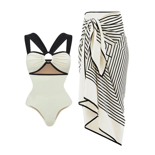 Fashion Color Block One Piece Swimsuit and Kimono Women Luxury Vacation Outfits Bikini Sexy Swimwear Bathing Suit Beachwear 2024