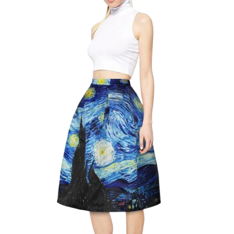 Qybian New Faldas Vintage Van Gogh Print Ladies Skirts High Waist Womens Skirts Valentine's Day Skirt Plus Size Skirt