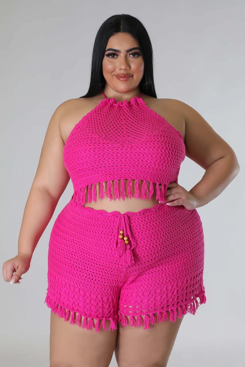 SOMO Plus Size Sexy Women Knitted Two Pieces Set Summer Halter Top Shorts Hollow Out Crochet Beach Wear Wholesale Dropshipping