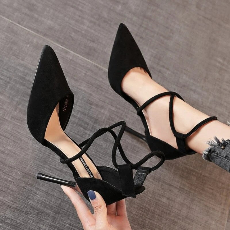 Women's Suede High Heel 9cm 2023 New Pointed Stiletto Fashion Sexy Black Wedding Shoes Nude Bridal Shoes Heel Woman