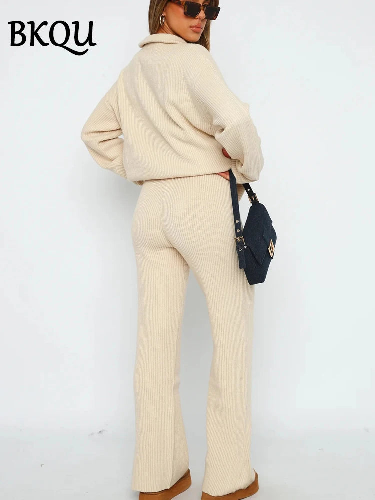 BKQU Knitted Two Piece Pants Set Women Zipper Turtleneck Sweater and Elastic Waist Straight Wide Leg Pants Suit 2024 Fall Winter