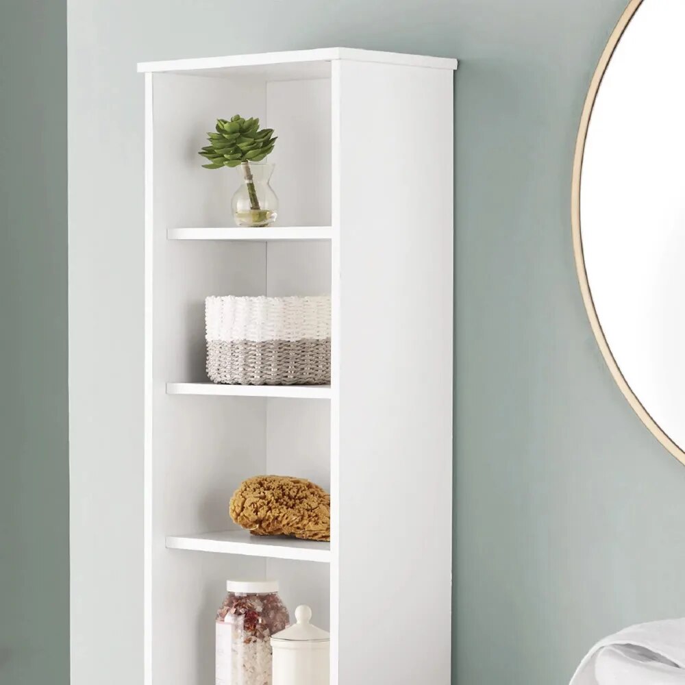 White Bathroom Storage Linen Tower with Mix of 6 Open and Concealed Shelves, Storage Cabinet, Toilet Lockers