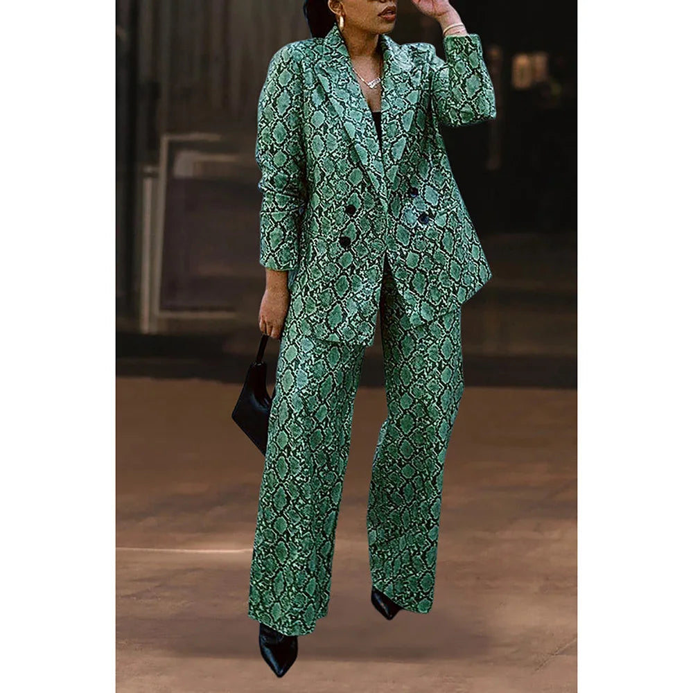 Plus Size Formal Pant Set Green Print Lapel Blazer Suit Two Piece Pant Set