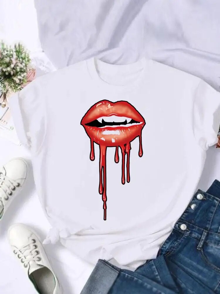 Women Female Watercolor Love Sweet Lip Casual Top Fashion Print Tshirts Cartoon Short Sleeve T Shirt Summer Graphic Tee T-Shirt