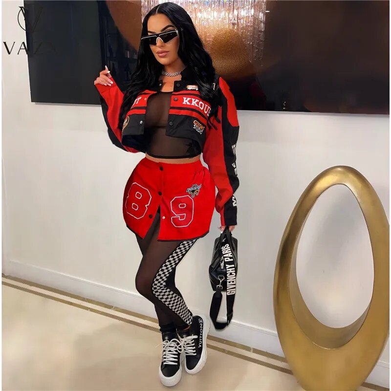 VAZN 2023 Autumn Latest Style Patchwork Sexy Young Baseball Set Full Sleeve High Waist + Mini Short Skirt Lady 2 Piece Sets