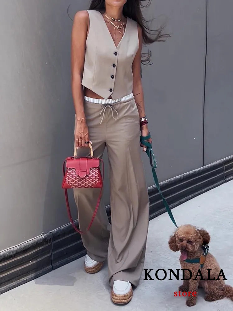 KONDALA Vintage Khaki Office Lady Suit V-Neck Single Button Sleeveless Vest High Waist Long Straight Pants Fashion 2023 Autumn