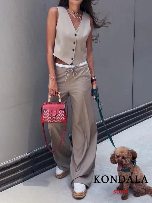 KONDALA Vintage Khaki Office Lady Suit V-Neck Single Button Sleeveless Vest High Waist Long Straight Pants Fashion 2023 Autumn 