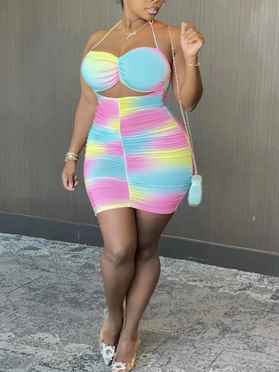 Plus Size Tie-dye Backless Ruched Mini Dress Full Print Rainbow Sleeveless Pierced Halter Pressed Pleat Streetwear Skinny