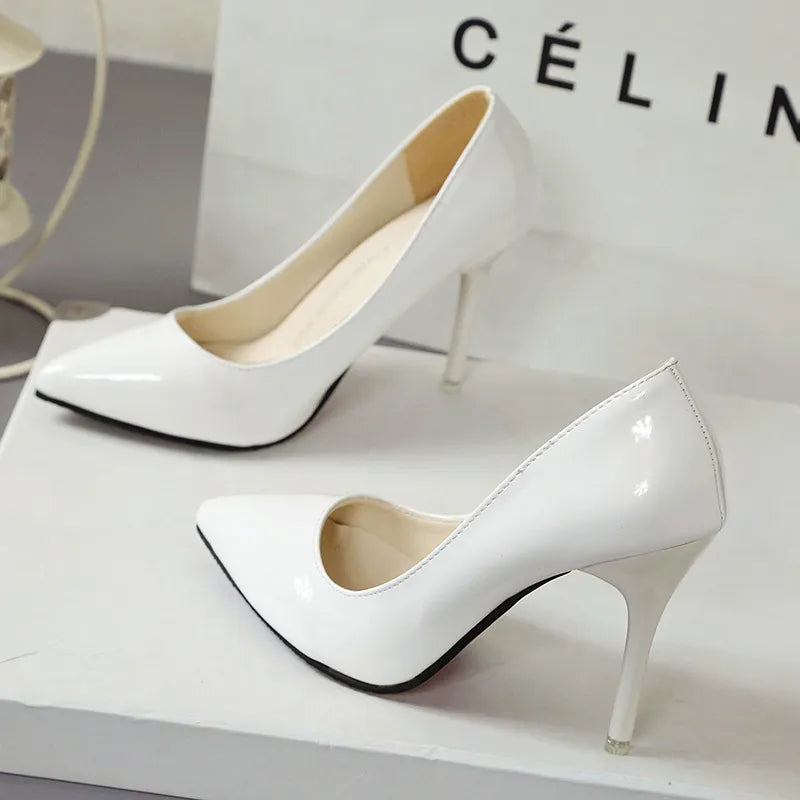 New Nude Pumps for Women High Heel Shoes Female Fashion Patent Leather Sexy Pointed Toe Thin Heel Wedding Shoes Plus Size 34-44 heels