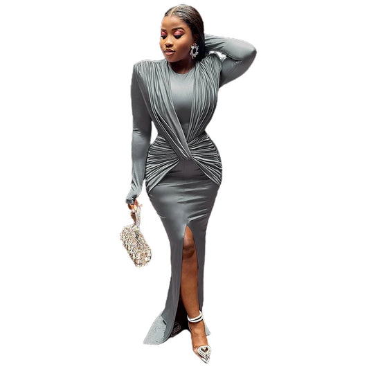 Weird Puss Cross Ruched Dress Women Elegant Fall Trend Solid O-Neck Birthday Banquet Party Chic Split Maxi Bodycon Slim Vestidos 
