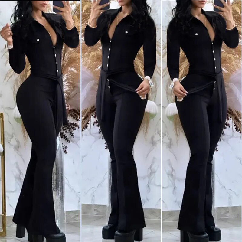 Women Turn Down Collar Sleeveless Flared Jumpsuit Spring Autumn Sleeveless Office Clothes Elegant Sexy Skinny Solid One Piece