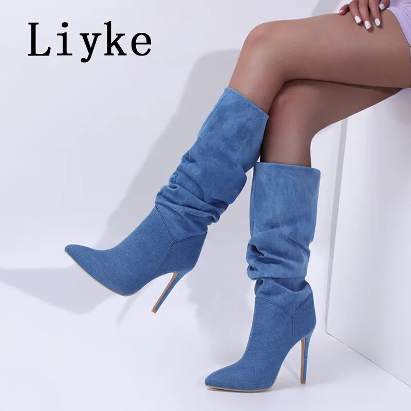 Liyke Autumn Winter Sexy 11CM Stiletto Heels Blue Denim Knee High Boots Women Party Fashion Pleated Pointed Toe Shoe Botas Mujer 