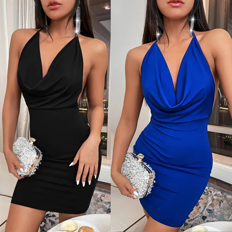 Sexy Mini Dress Lace Up Strap Pure Silod Party Club Elegant Y2K Hang Neck Hollow Backless Straples V Neck Elegant Evening Dresse