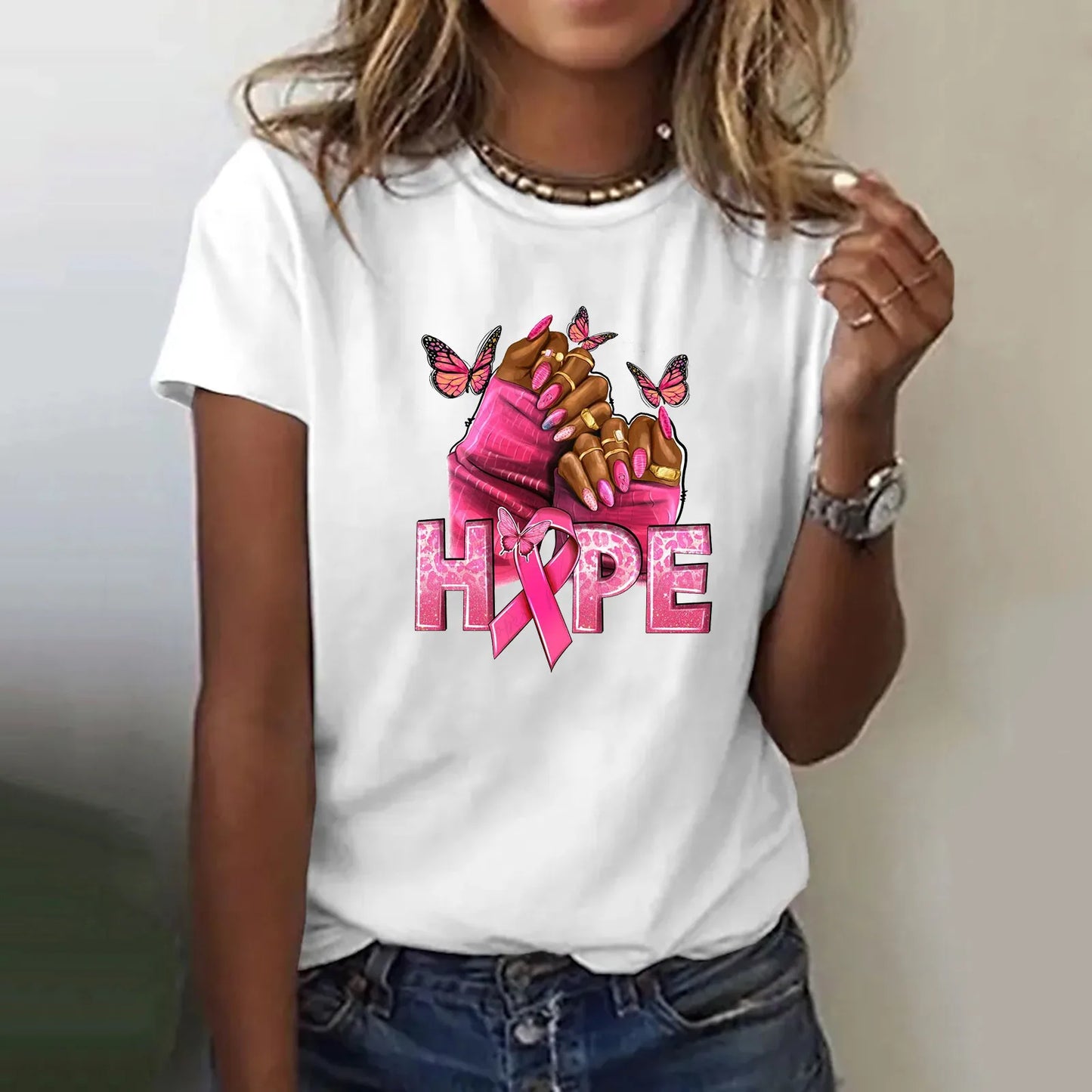 Women 2024 Loose Breast Cancer Awareness Ribbon Hand In Hand Butterfly Print Blouse Short Sleeve