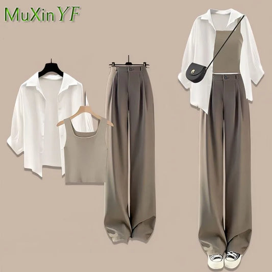 Women's 2024 Spring/Summer New in Matching Set Korean Elegant Casual Sunscreen Shirt+Vest+Suit Wide Leg Pants Three Piece Suit