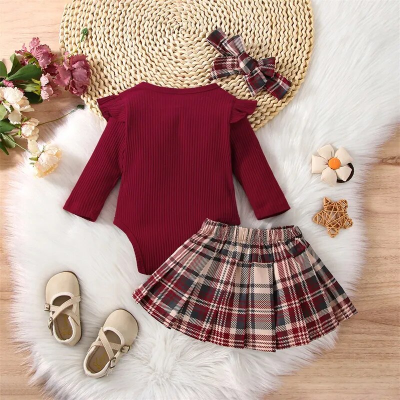 Toddler Baby Girl Spring Fall Clothes Skirt Set Long Sleeve Ribbed Romper Tops High Waist Plaid Tutu Skirts Outfit Baby's Sets