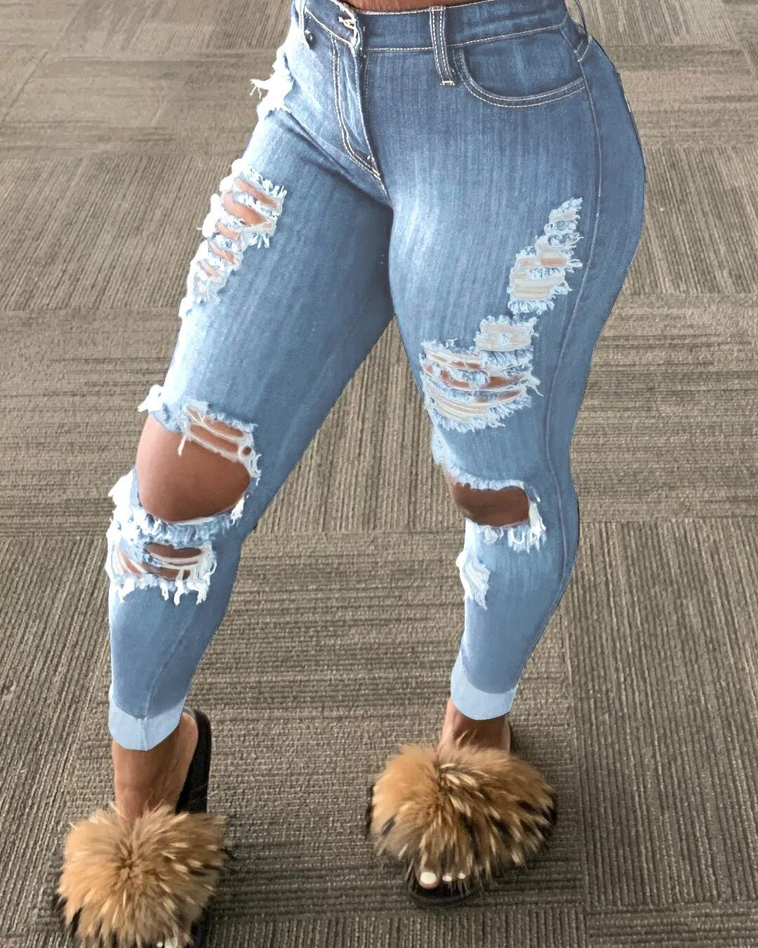 Women’s Korean Slim Fit Jeans Fashion Solid Color Ripped Hole Tassel Stretch Mid-waist Denim Pencil Long Pants Trousers