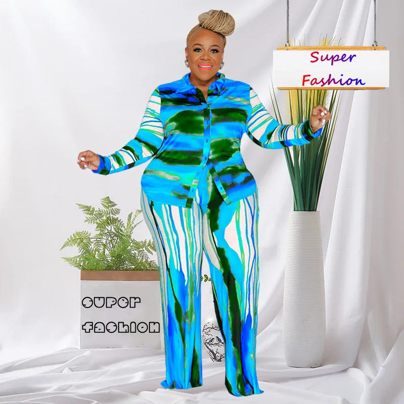 XL-5XL Plus Size Women Clothing Two Piece Sets Outfits Fashion Printing Long Sleeve Top And Wide Leg Pant Suits