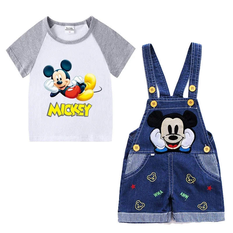 Baby Boys Mickey Mouse Cotton Short Sleeve T-shirt +Belt Denim Shorts Two-piece Outfits Sets Kids Toddler Boy Summer Clothes Set