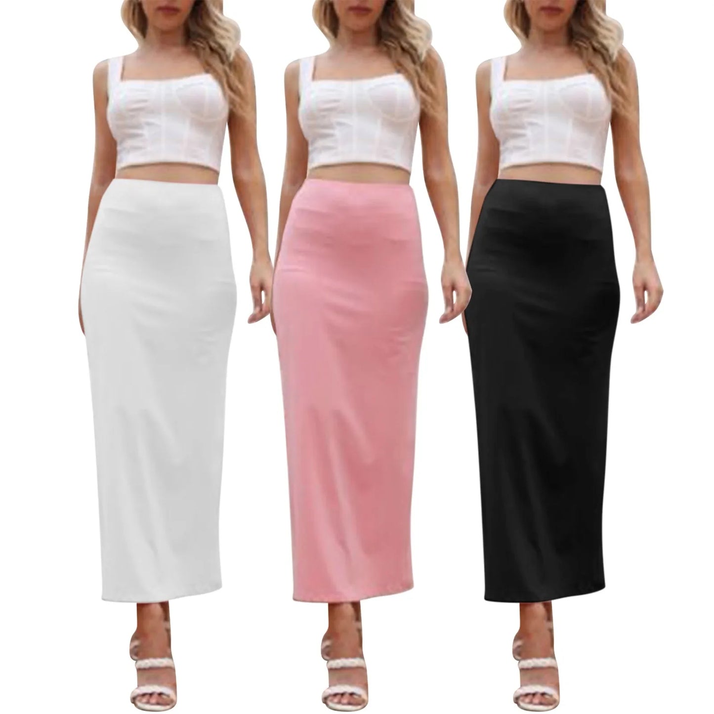 Party Straight Pencil Skirt For Women Solid Color High Waisted Bodycon Sexy Long Skirt Cocktail Wrapped Hip Basic Elegant Skirt