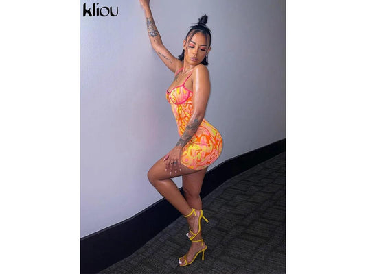 Kliou Aesthetic Print Mini Dress Women Summer Casual Spaghetti Strap Silky Elastici Bodycon Streetwear Go Out Hipster Vestido dress