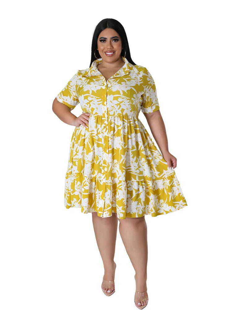 Plus Size Midi Dress Women Floral Print  Female A Line Elegant  Spring Summer Short sleeve Dress Casual Party Dresses