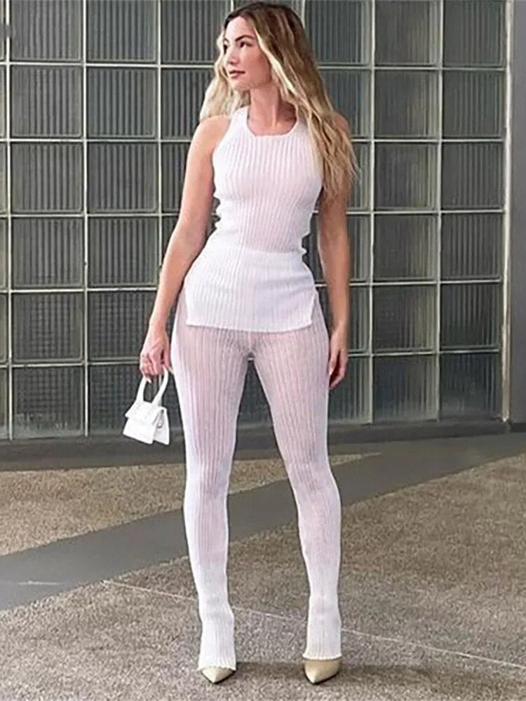 Solid Knitted Two Piece Set Women See Through Skinny Casual Top+Pant Matching Outfits Active Sexy Streetwear Clothing