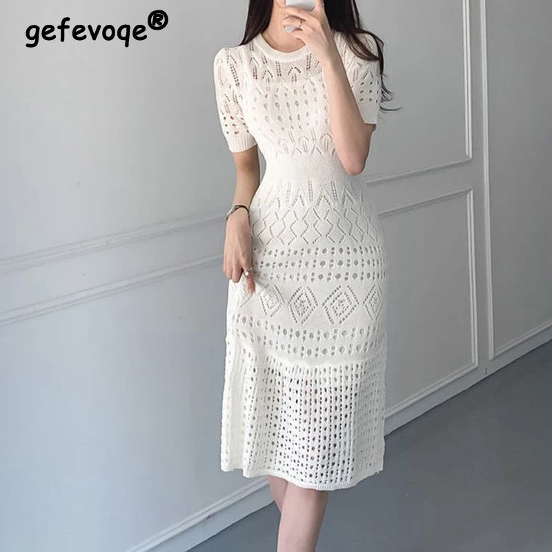 2023 Women Sexy Hollow Slim Elegant Chic Party Knitted Dresses Summer Fashion Black White Short Sleeve Basic Midi Dress Vestidos