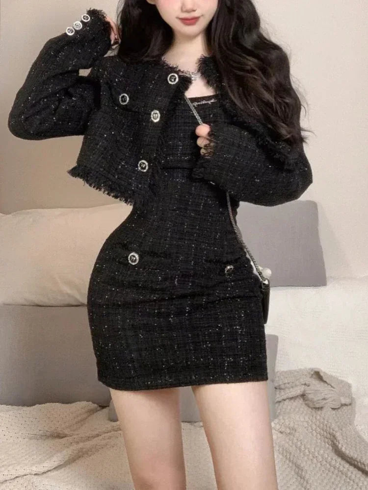 Winter Black French Vintage Two Piece Set Women Elegant Cpat+y2k Mini Dress Female Casual Korean Fashion Designer Suit 2024 New