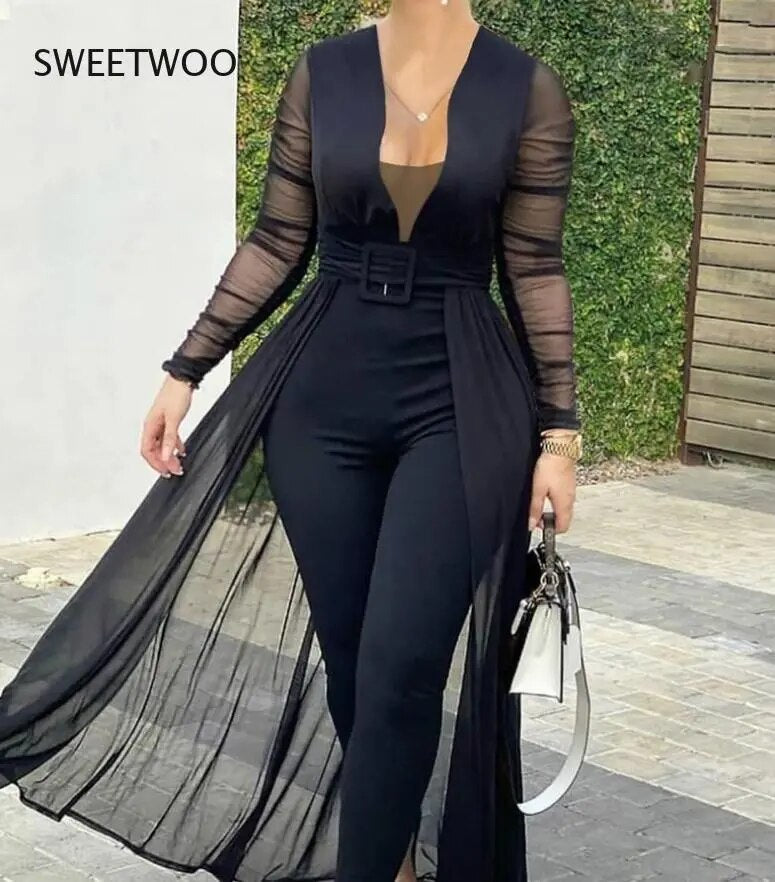 Summer Ladies Fashion and Elegant Long-Sleeved Mesh Bodysuit Formal Party Jumpsuit Transparent Mesh Party Jumpsuit