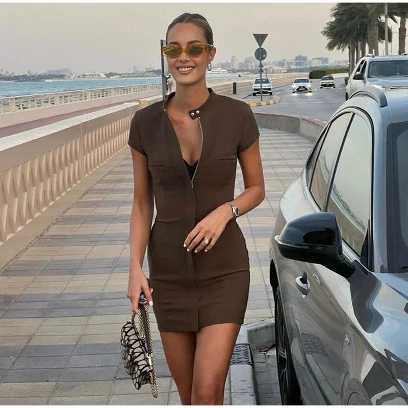 Summer Dress for Women Chic Sexy Slim Stand Collar Short Sleeve Mini Dress Button Pleated Hip Package Female Women Dresses 2024