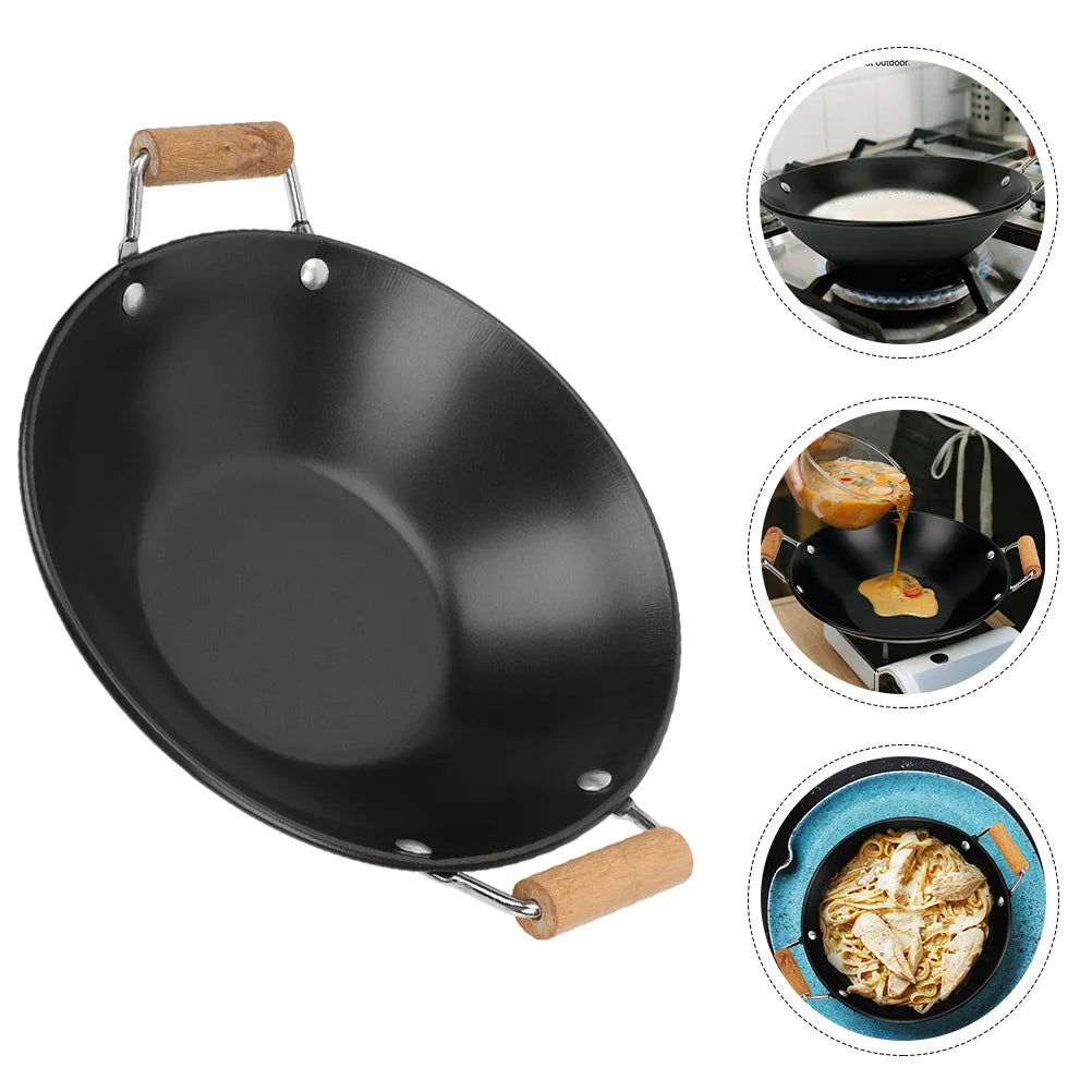 Daily Use Grill Wok Double Wooden Handle Hot Bottom Frying Pan Cookware Double Handle Metal Kitchen Nhom Wok