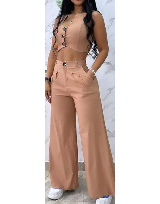 Sexy Womens Two Piece Sets Outfit Buttoned Vest Coat & Wide Leg Pants Set New Fashion 2023 Casual Elegant Female Suit