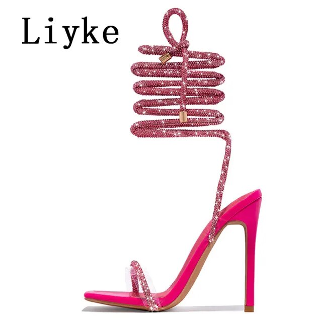 Liyke Fashion Glitter Rhinestones Women Sandals Crystal Ankle Strap High Heels Party Prom Shoes Lady Wedding Stiletto Sandalias 