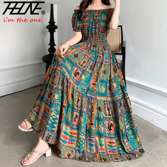 THHONE Vestidos Robe Maxi Long Dress Women Summer Indian Clothes Bohemian Cotton Linen Floral Short Sleeve Korean Style Casual