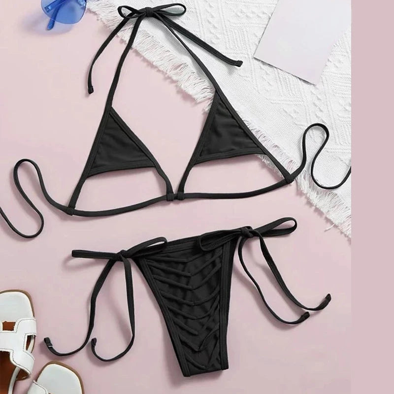 Solid Micro Bikini Set  Sexy Halter Triangle Cup Bra Lace-up Swimsuit Black Beachwear Bathing Suit for Women New Push Up 2024