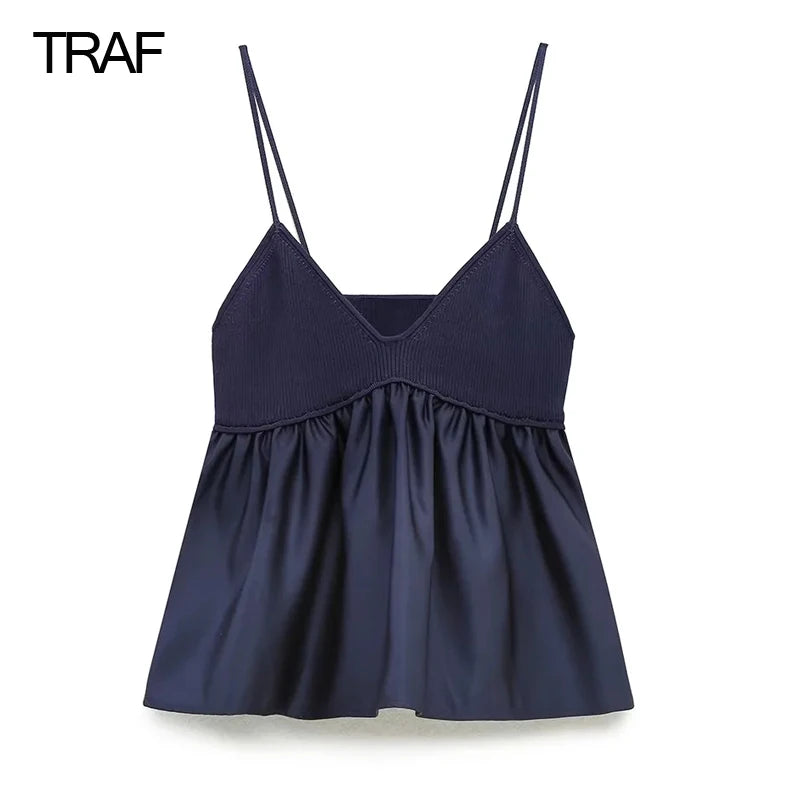 TRAF Blue Crop Top Women Ruffle Knitted Camis Top Woman Off Shoulder  Corset Top Female Streetwear Backless Women's tube top