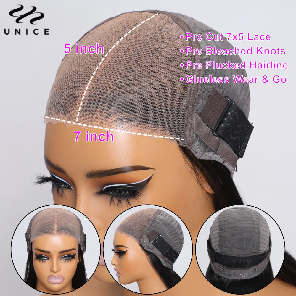 Unice Hair Realistic Edges Kinky Curly Wig Pre Cut Pre Bleached 7x5 Lace Closure Glueless Wig Human Hair Ready To Wear